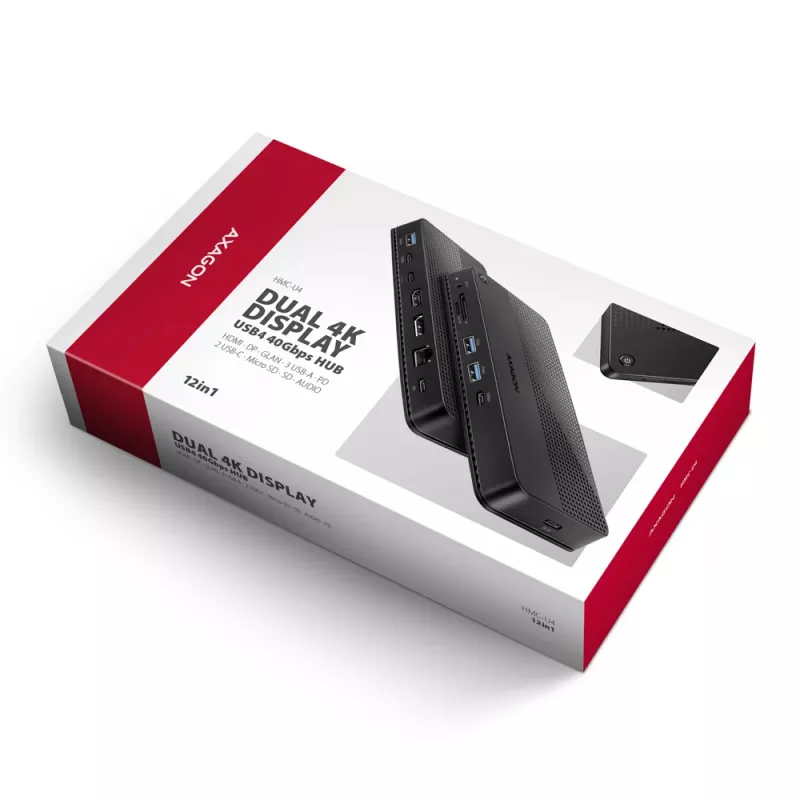 Axagon HMC-U4 dock USB4, 3x USB-A, 2x USB-C, HDMI & DP 8K/30Hz, RJ-45, SD/mSD, áudio, PD 100W