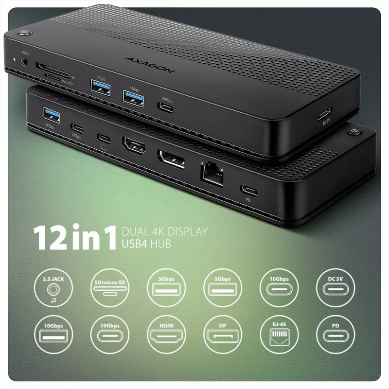 Axagon HMC-U4 dock USB4, 3x USB-A, 2x USB-C, HDMI & DP 8K/30Hz, RJ-45, SD/mSD, áudio, PD 100W