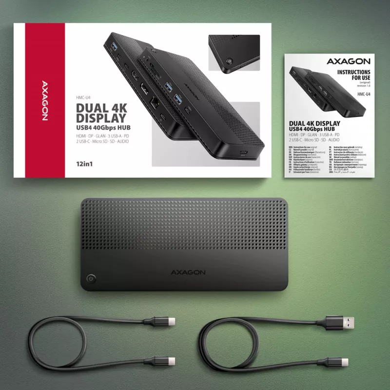 Axagon HMC-U4 dock USB4, 3x USB-A, 2x USB-C, HDMI & DP 8K/30Hz, RJ-45, SD/mSD, áudio, PD 100W
