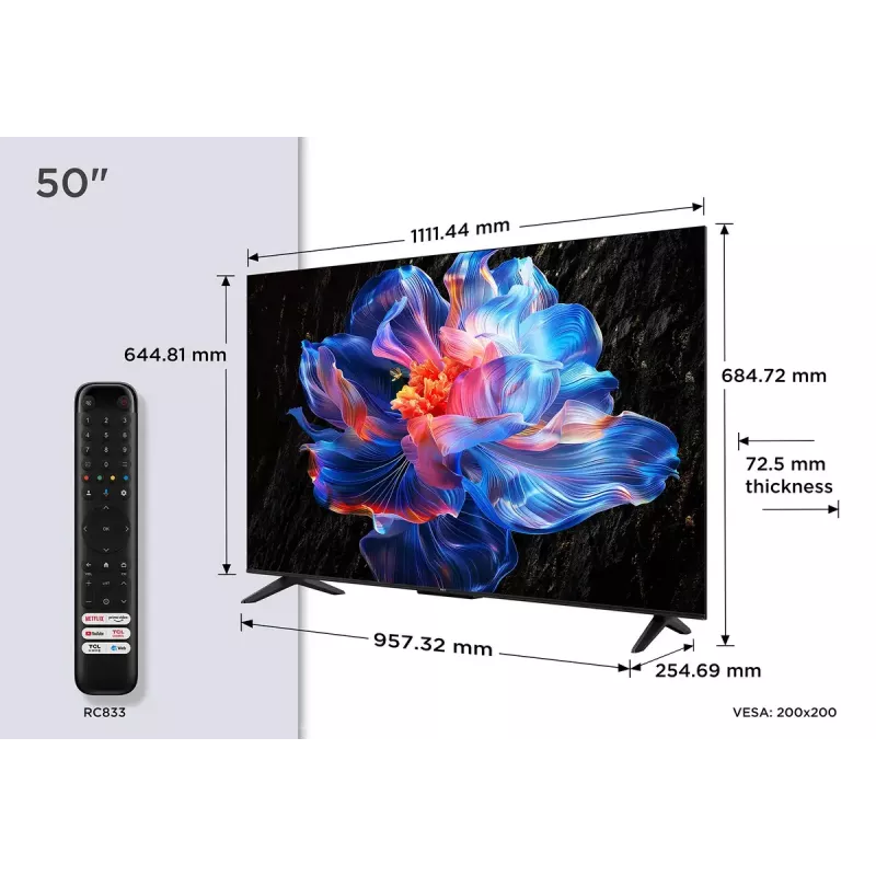TV TCL 50 inch V6C 4K Ultra HD (3840x2160), DLED, Google TV, Direct-LED, HDR10+, 3×HDMI 2.1, Bluetooth 5.4, Wi‑Fi 5