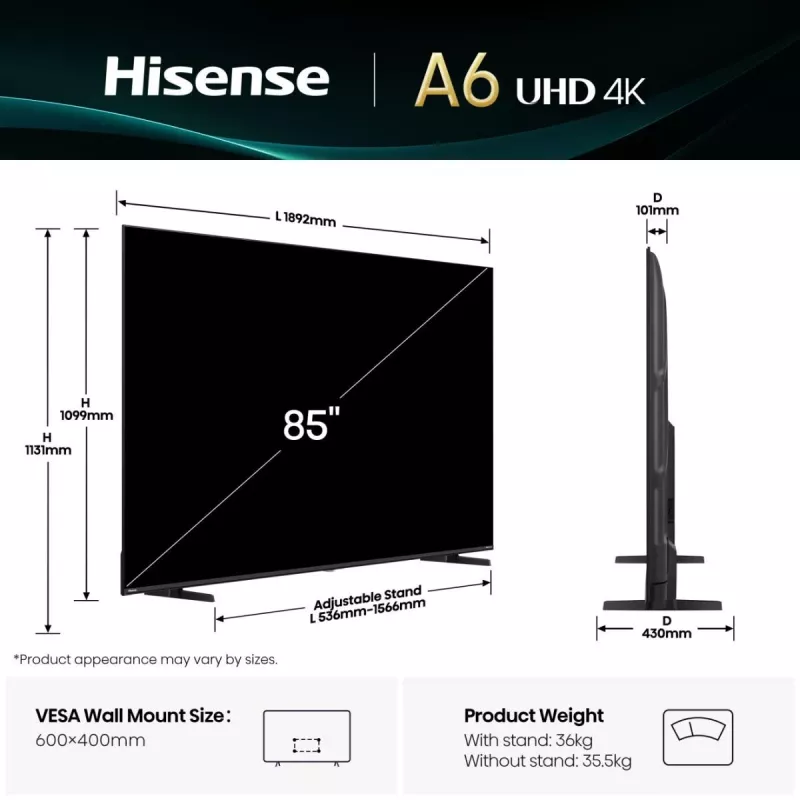 Hisense 85A6Q 85" (216 cm) 4K Ultra HD Smart TV, VIDAA, Dolby Vision, Wi-Fi, preto