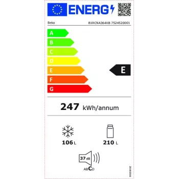 Frigorífico BEKO B1RCNA364XB — 316 L total, frigorífico 210 L, congelador 106 L, No Frost, dobradiça à direita