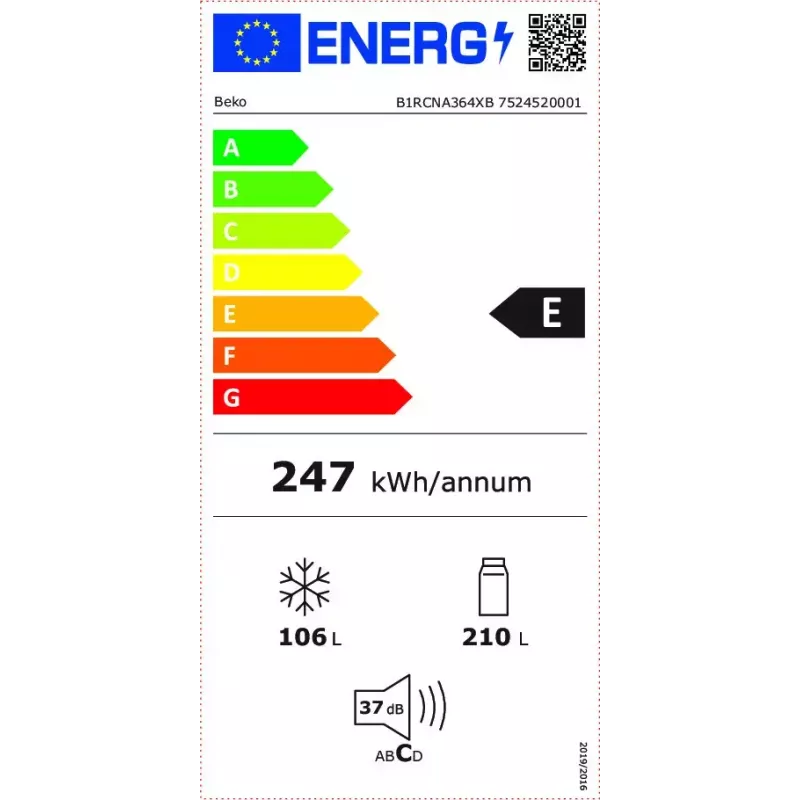 Frigorífico BEKO B1RCNA364XB — 316 L total, frigorífico 210 L, congelador 106 L, No Frost, dobradiça à direita