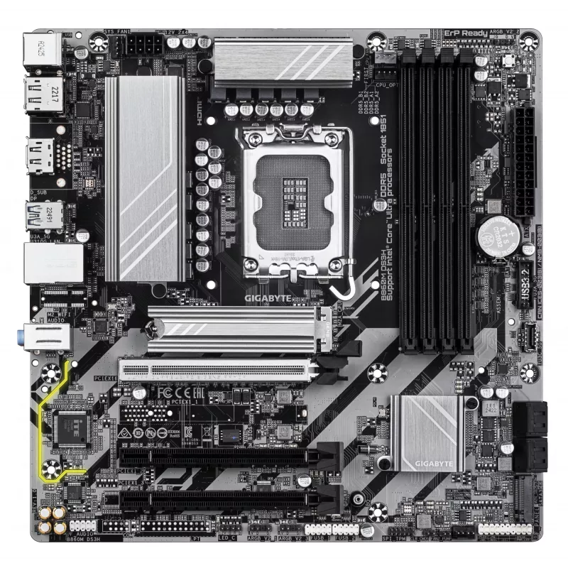 Placa-mãe GIGABYTE B860M DS3H - CPUs Intel Core Ultra Series, VRM 5+1+2+1 fases, até 9066MHz DDR5, 1xPCIe 5.0 + 1xPCIe 4.0 M.2, 2.5GbE LAN, USB 3.2 Gen 2