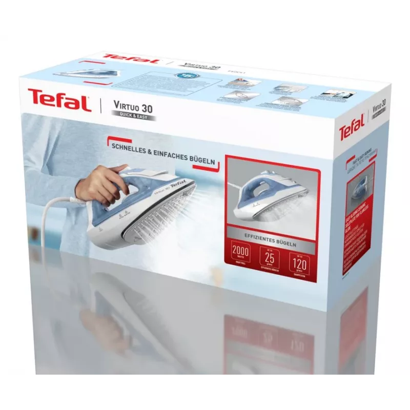 Ferro de engomar Tefal Virtuo 30 FV2C41E0 Ferro a seco e a vapor Sola de cerâmica 2000 W Azul, Branco