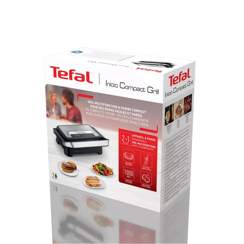 Grelhador de contacto Tefal Inicio Compact GC270D10 — retangular 1000 W, grelha superior, preto/aço inoxidável