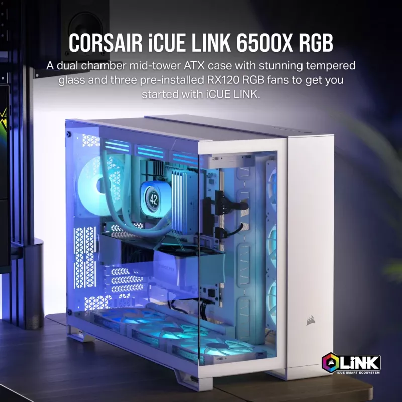 Caixa de PC CORSAIR – iCUE LINK 6500X RGB Mid-Tower Dual Chamber branco