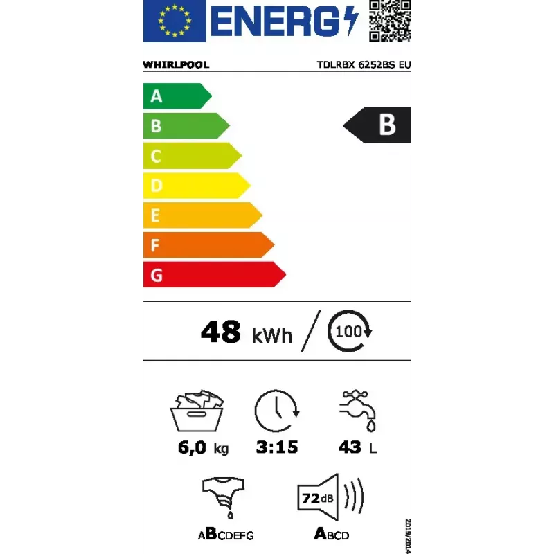 Máquina de lavar de carga superior WHIRLPOOL TDLRBX 6252BS EU — 6 kg, 1200 rpm, Classe de eficiência energética B, 900×400×600 mm, branco