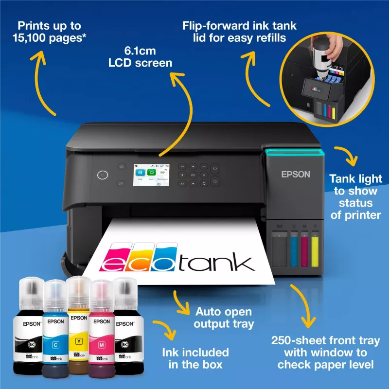 Impressora multifunções jato de tinta Epson EcoTank L6360 — cor, A4, 4800x1200 DPI, 35 ppm, Wi‑Fi, frente e verso