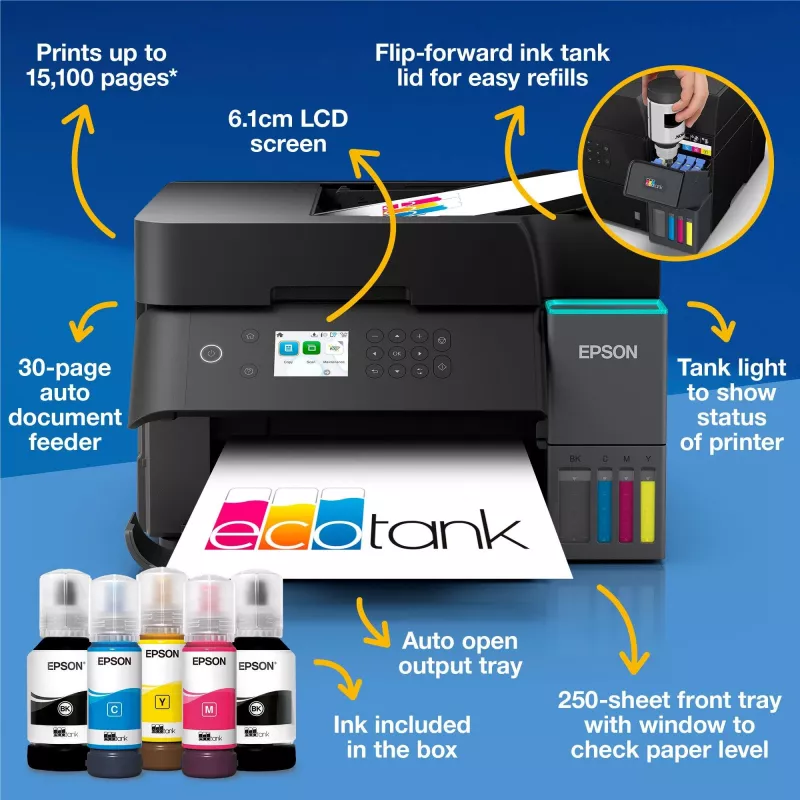Impressora multifunções jato de tinta Epson EcoTank L6370 — cor, A4, 4800x1200 DPI, Wi‑Fi, Ethernet