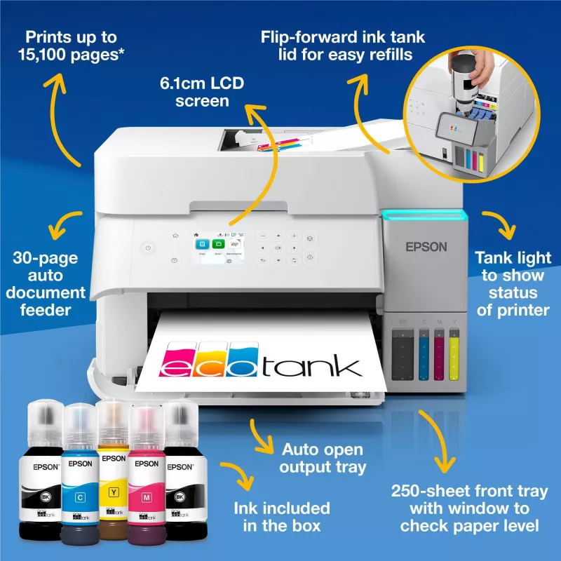 Impressora multifunções jato de tinta Epson EcoTank L6376 — cor, A4, 4800 x 1200 DPI, 35 ppm, Wi‑Fi, Ethernet, frente e verso