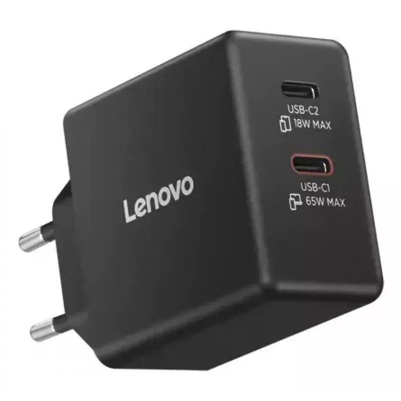 Carregador para dispositivos móveis Lenovo G0A6065BEU — carregador AC universal para interior, 2× USB-C, 100–240 V, cabo de 1,5 m, preto