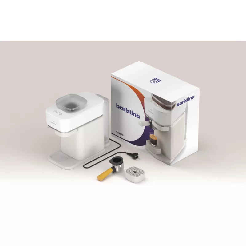 Philips Baristina máquina de café expresso – verdadeiro espresso, simples de fazer. Branco leite com porta-filtro amarelo manga (BAR300/03)