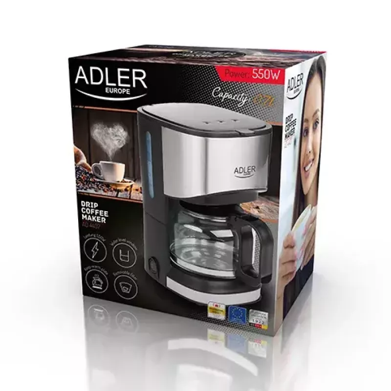 Máquina de café de filtro Adler AD 4407, 550 W, jarra de 0,7 L, prateado/preto, semiautomática