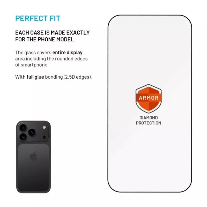 Película protetora de ecrã FIXED para Apple iPhone 17 Pro — vidro temperado, preto, design Armor, aplicador anti-poeira, camada AR