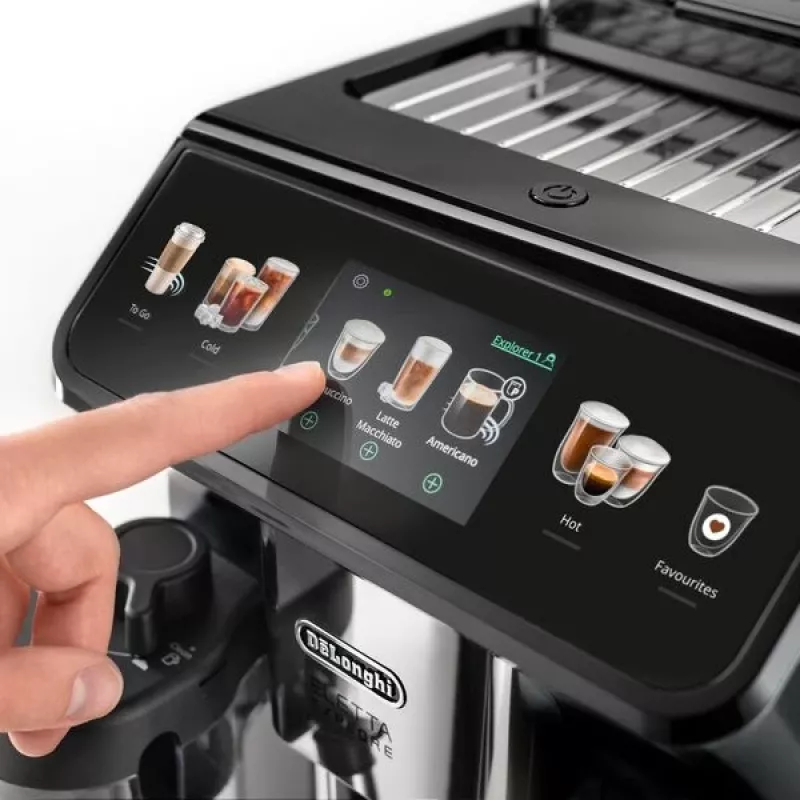 Máquina de café expresso De’Longhi Eletta Explore – automática, depósito de água de 1,8 litros, recipiente de grãos de 300 g, 19 bar, ecrã tátil TFT