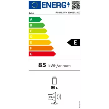 Frigorífico vertical BEKO RS9152WN, 200 L de capacidade, 84 cm de altura, classe de eficiência energética E, branco