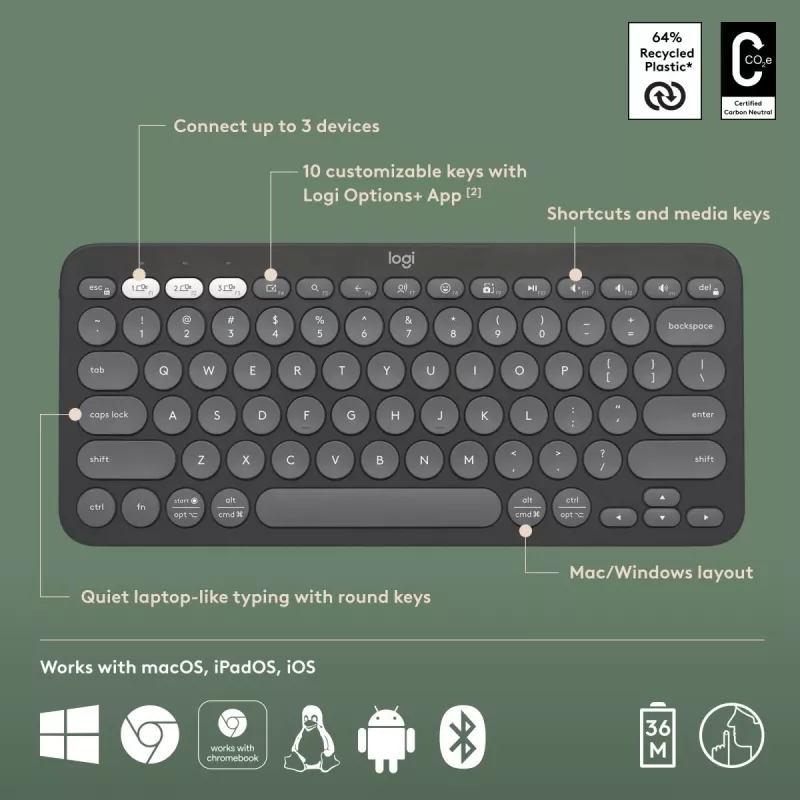 Teclado Logitech Pebble Keys 2 K380s Universal RF Wireless + Bluetooth QWERTY US International grafite