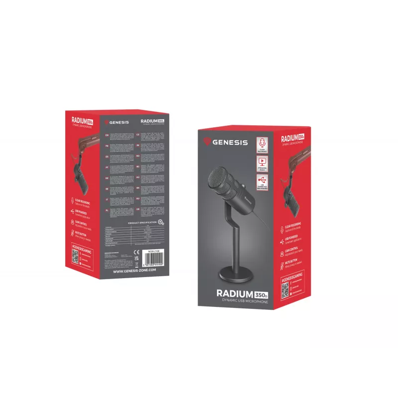 Microfone para PC com fios GENESIS Radium 350D – USB Type-A/Type-C, sensibilidade -48 dB, 16–14.000 Hz, cabo de 2,5 m, preto