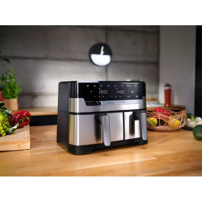 Fritadeira Tefal Dual Easy Fry & Grill EY905D dupla 8,3 L de bancada 2700 W fritadeira de ar quente aço inoxidável