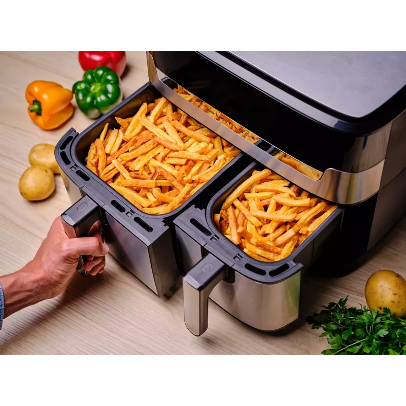Fritadeira Tefal Dual Easy Fry & Grill EY905D dupla 8,3 L de bancada 2700 W fritadeira de ar quente aço inoxidável