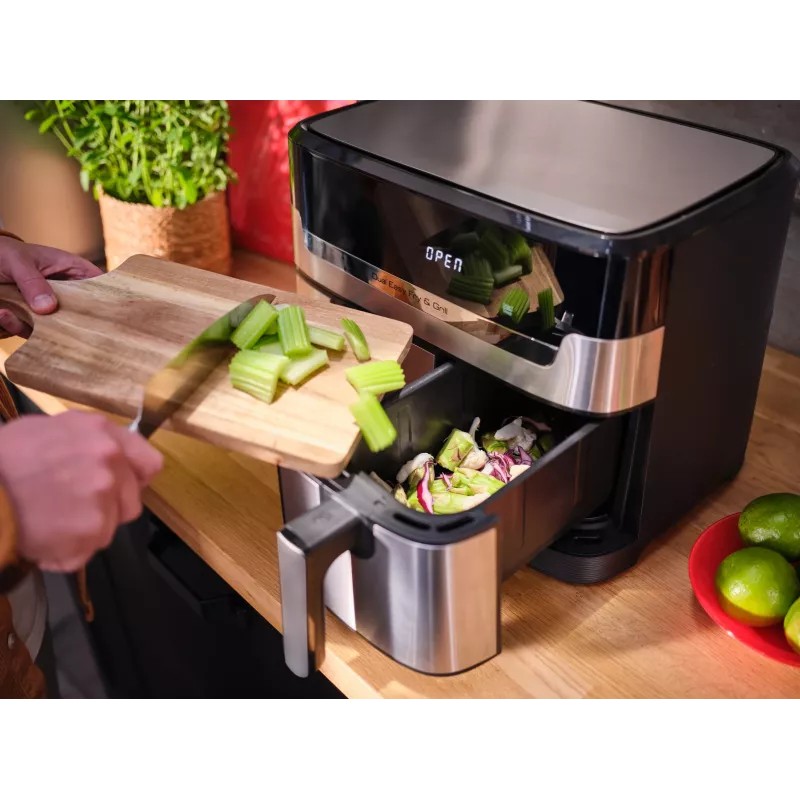 Fritadeira Tefal Dual Easy Fry & Grill EY905D dupla 8,3 L de bancada 2700 W fritadeira de ar quente aço inoxidável