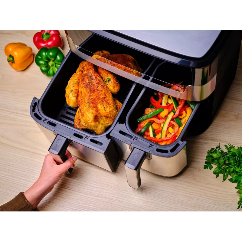Fritadeira Tefal Dual Easy Fry & Grill EY905D dupla 8,3 L de bancada 2700 W fritadeira de ar quente aço inoxidável