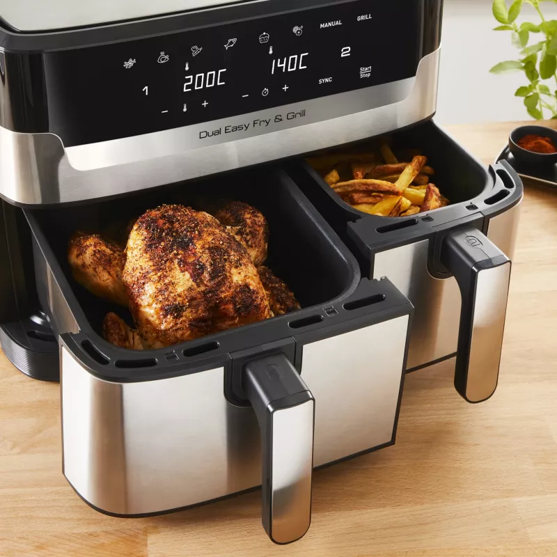 Fritadeira Tefal Dual Easy Fry & Grill EY905D dupla 8,3 L de bancada 2700 W fritadeira de ar quente aço inoxidável