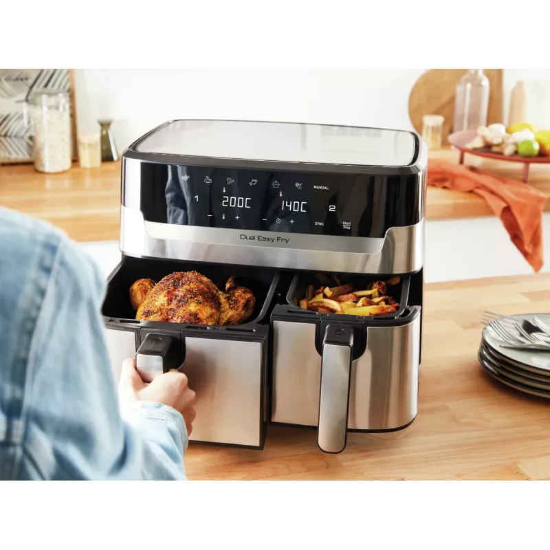 Fritadeira Tefal Dual Easy Fry & Grill EY905D dupla 8,3 L de bancada 2700 W fritadeira de ar quente aço inoxidável