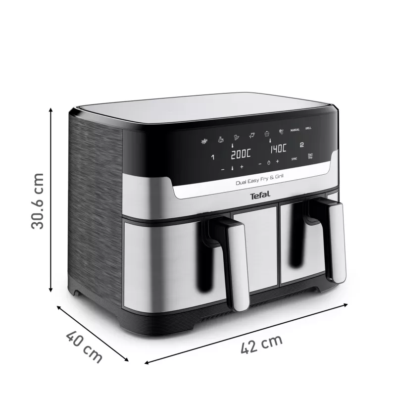Fritadeira Tefal Dual Easy Fry & Grill EY905D dupla 8,3 L de bancada 2700 W fritadeira de ar quente aço inoxidável