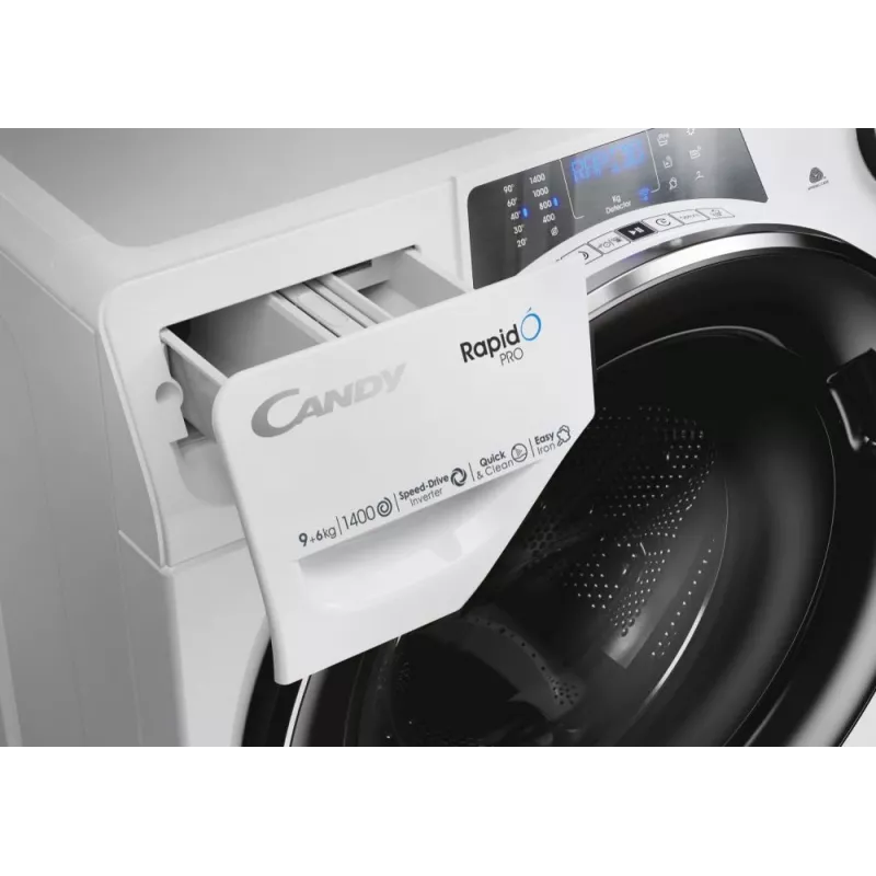 Máquina de lavar e secar roupa Candy RapidÓ PRO RPW4966BWMBC/1-S – de instalação livre, carga frontal, 6 kg lavar/secar, 1400 rpm, branca