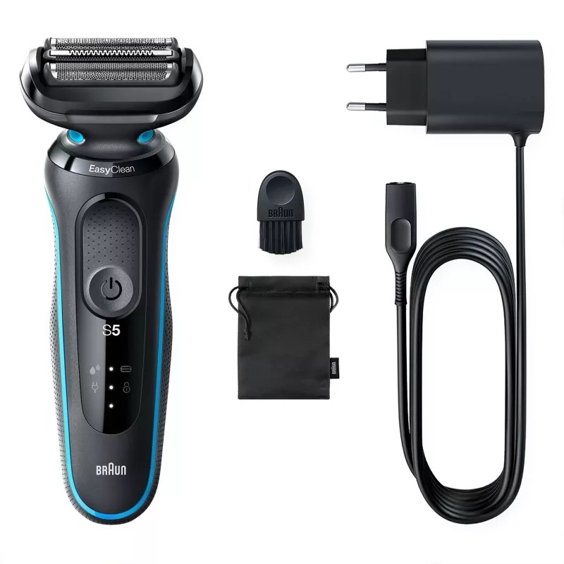 Máquina de barbear de lâminas BRAUN Series 5 51-M1000s — 3 cabeças, molhado e seco, bateria de iões de lítio, carregamento rápido, preto/azul