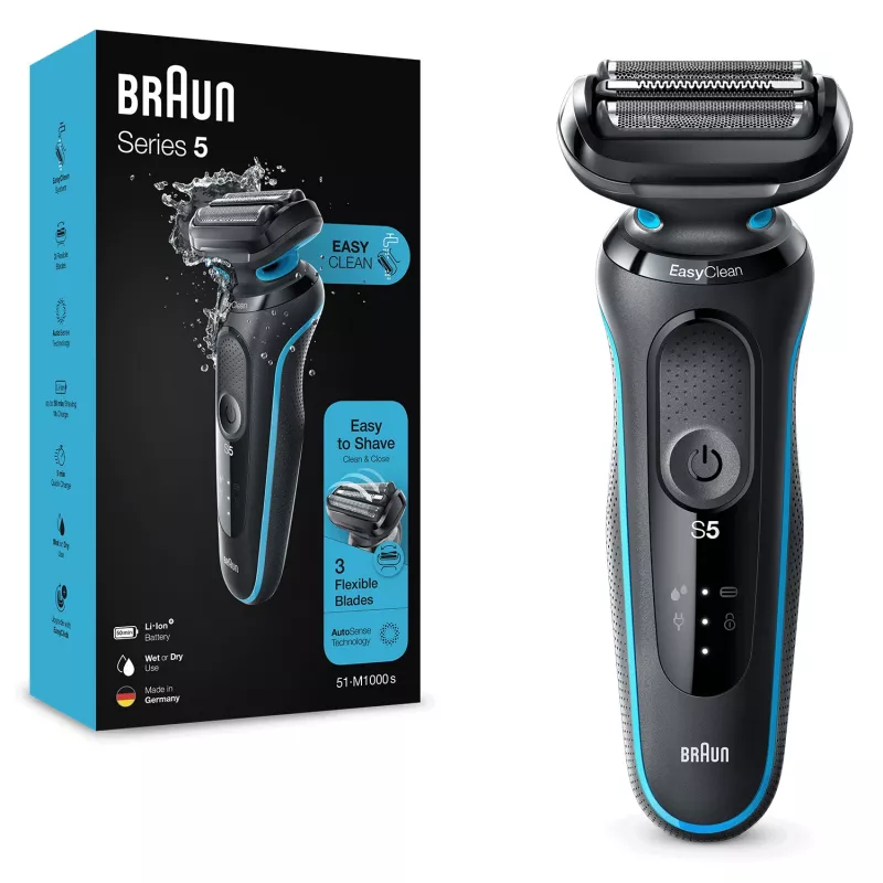 Máquina de barbear de lâminas BRAUN Series 5 51-M1000s — 3 cabeças, molhado e seco, bateria de iões de lítio, carregamento rápido, preto/azul