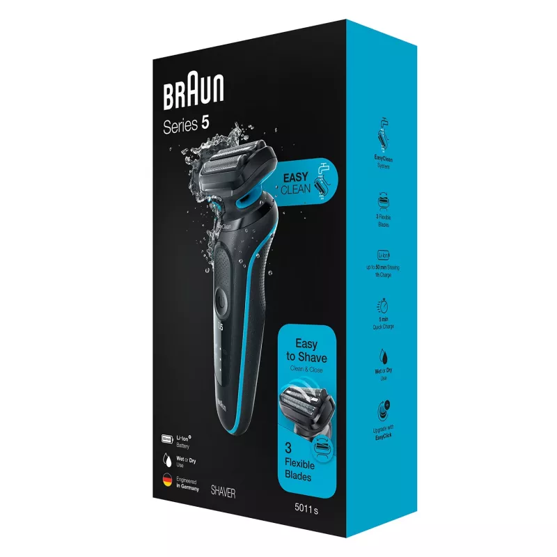 Máquina de barbear de lâminas BRAUN Series 5 51-M1000s — 3 cabeças, molhado e seco, bateria de iões de lítio, carregamento rápido, preto/azul