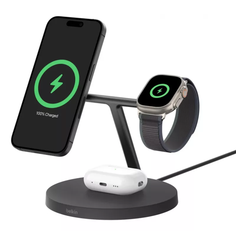 Suporte de carregamento sem fios BELKIN - Boost Charge Pro - 3 em 1 com Qi2 15 W - preto