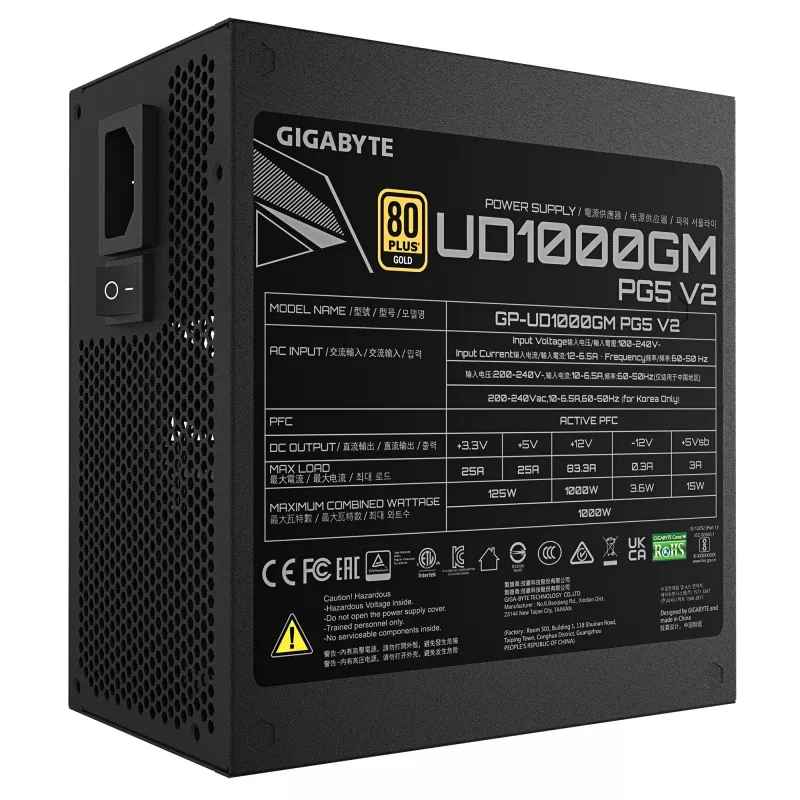 Fonte de alimentação GIGABYTE UD1000GM PG5 V2 – PCIe Gen 5.1, 80 PLUS Gold, construção totalmente modular, ventoinha de 120 mm, compatível com ATX 3.1, ficha EU