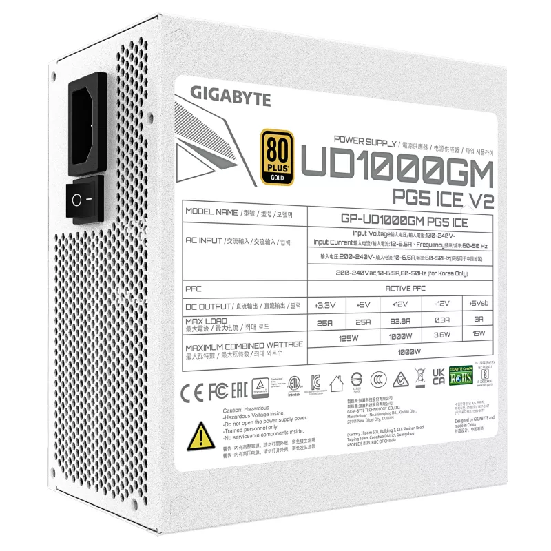 Fonte de alimentação GIGABYTE UD1000GM PG5 V2 1000W ATX 3.1 totalmente modular 80 PLUS Gold branca
