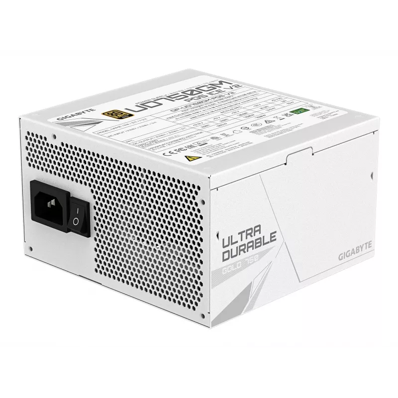 Fonte de alimentação GIGABYTE UD750GM PG5 V2 750W ATX 3.1, 80 PLUS Gold, totalmente modular, 8 SATA, 4x (6+2) PCIe, 2x EPS, branca