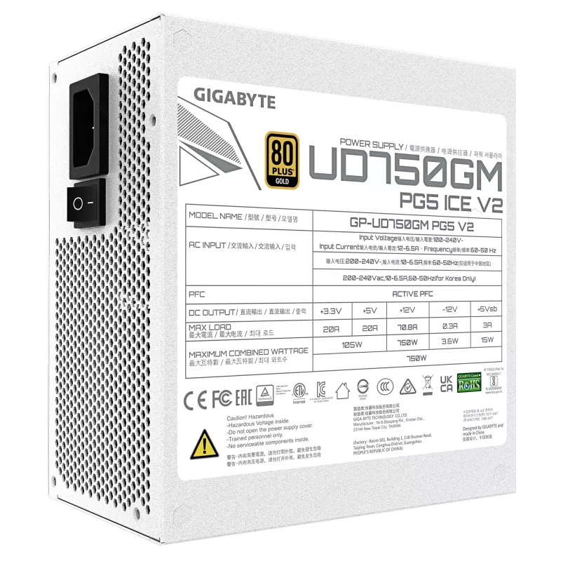 Fonte de alimentação GIGABYTE UD750GM PG5 V2 750W ATX 3.1, 80 PLUS Gold, totalmente modular, 8 SATA, 4x (6+2) PCIe, 2x EPS, branca