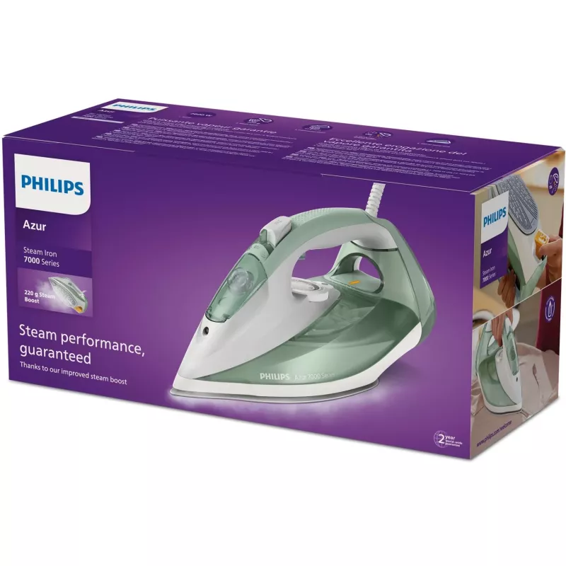 Ferro de engomar Philips série 7000 DST7012/70 ferro a vapor base SteamGlide Plus 2600 W verde, cinzento