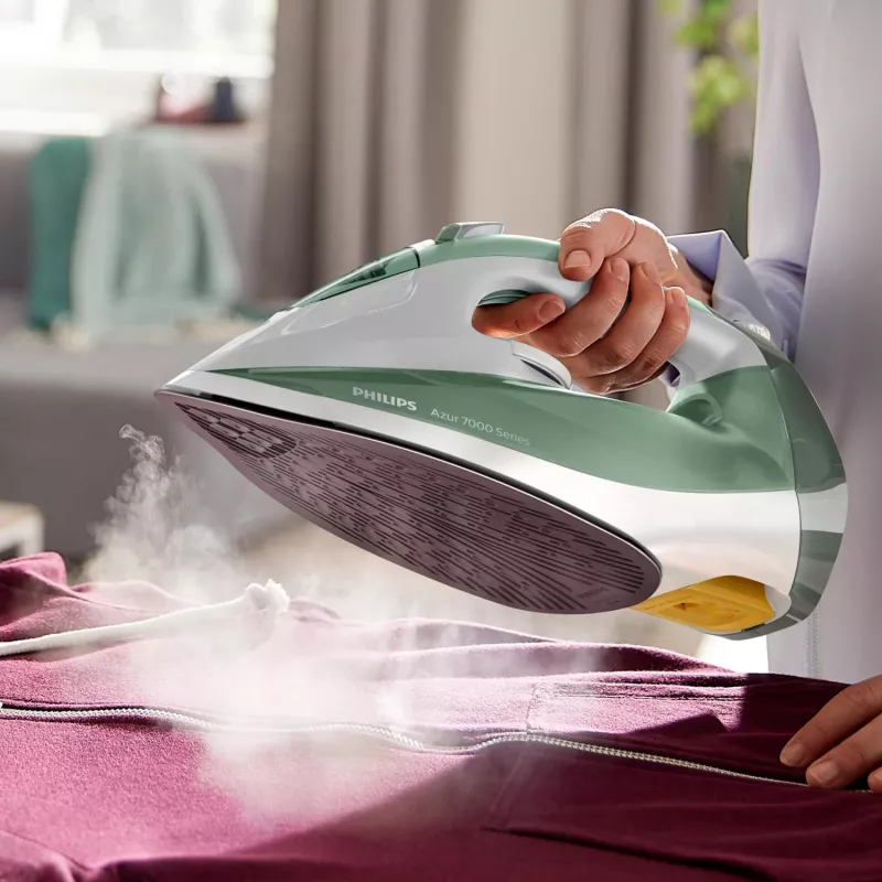 Ferro de engomar Philips série 7000 DST7012/70 ferro a vapor base SteamGlide Plus 2600 W verde, cinzento