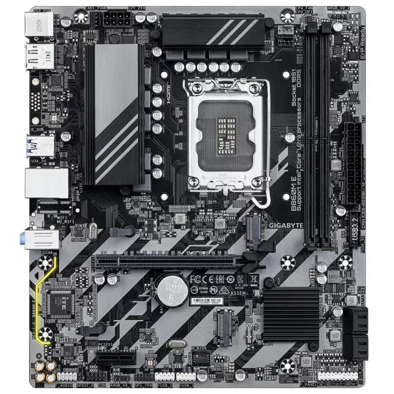 Placa-mãe Micro-ATX GIGABYTE B860M E — LGA 1851 para Intel Core Ultra, DDR5 até 8800 MHz (O.C.), 2×PCIe 4.0 M.2, 1GbE
