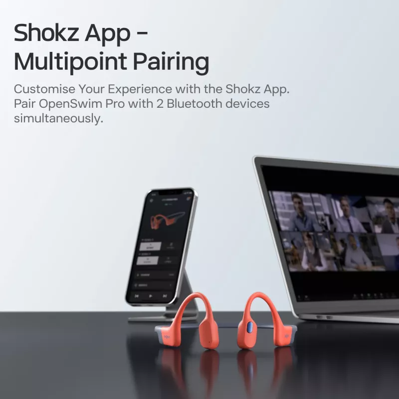 Headset Shokz OpenSwim Pro — headset sem fios open-ear de condução óssea, IP68 à prova de água, Bluetooth 5.4, 32 GB, 9 h de reprodução, cinzento