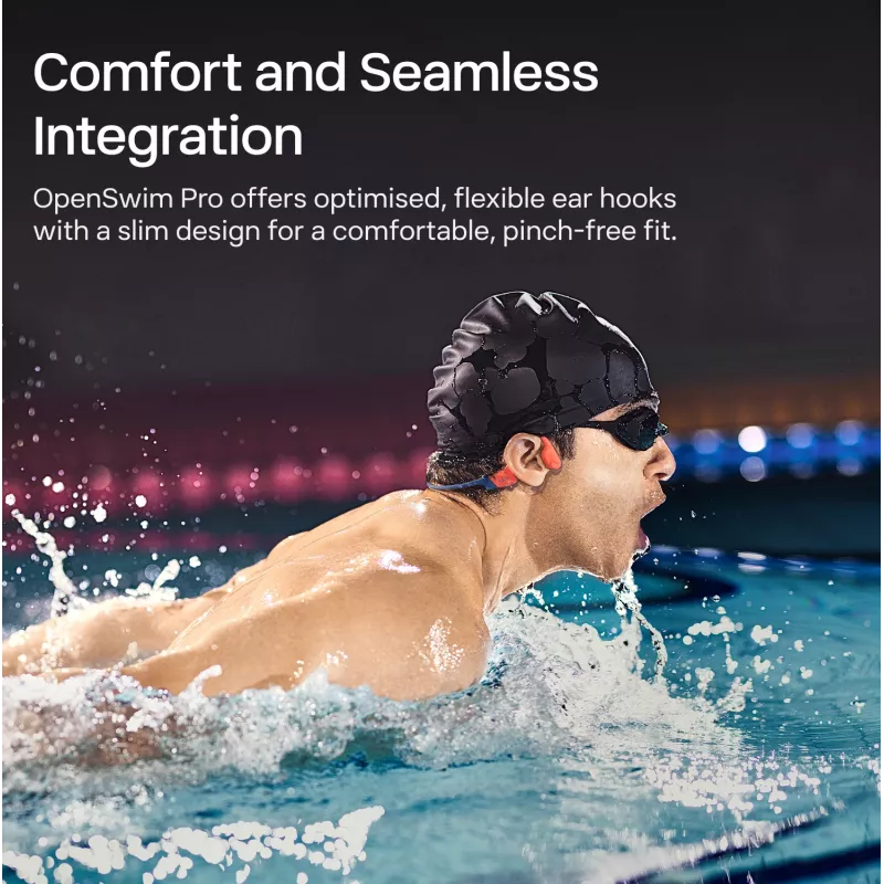 Headset Shokz OpenSwim Pro — headset sem fios open-ear de condução óssea, IP68 à prova de água, Bluetooth 5.4, 32 GB, 9 h de reprodução, cinzento