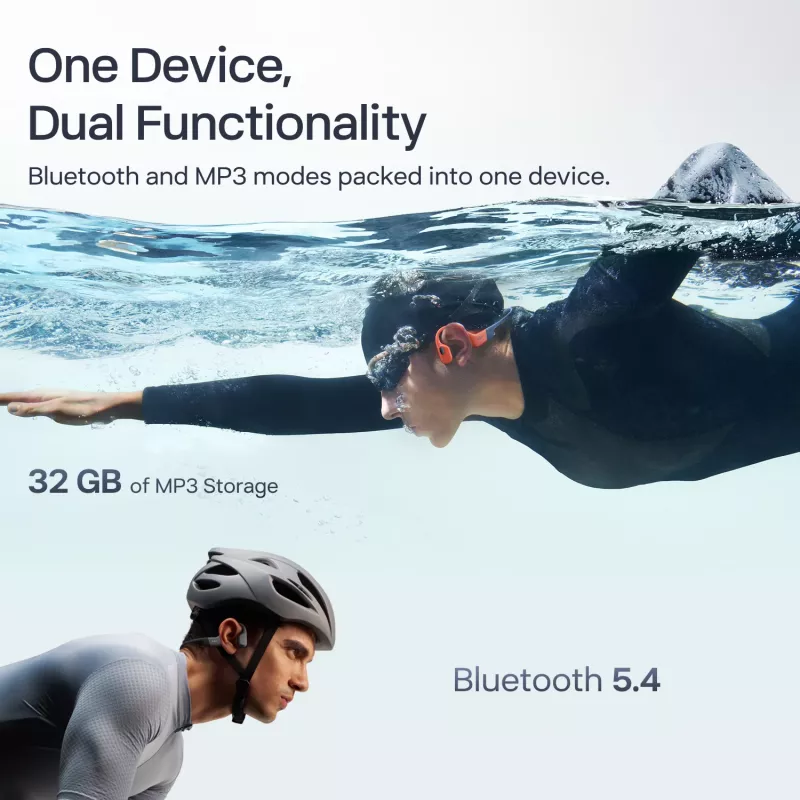 Headset Shokz OpenSwim Pro — headset sem fios open-ear de condução óssea, IP68 à prova de água, Bluetooth 5.4, 32 GB, 9 h de reprodução, cinzento