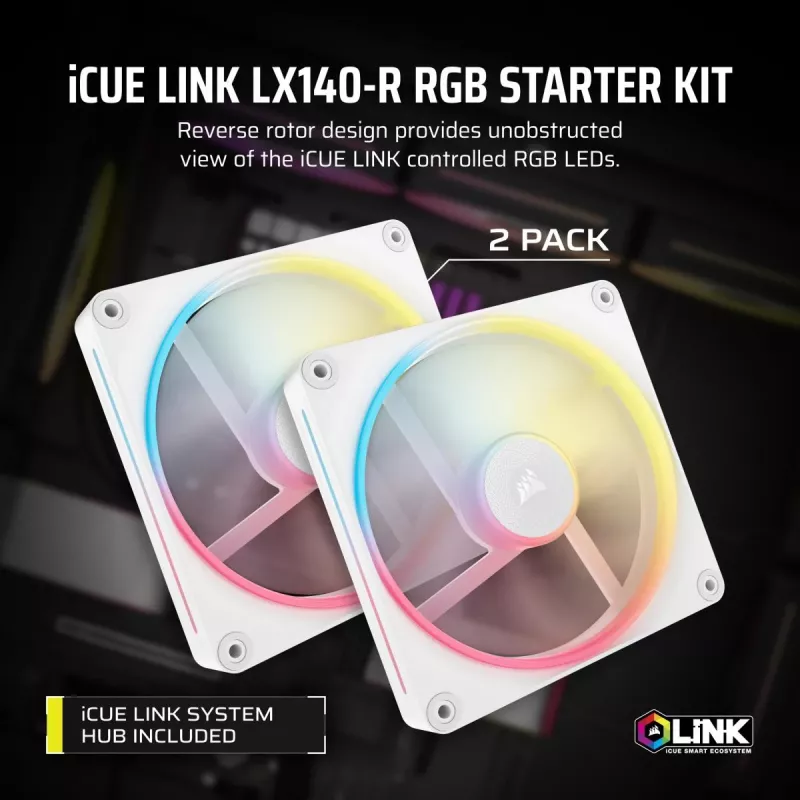 Kit inicial de ventoinhas CORSAIR Icue Link Lx140-r RGB 140mm PWM Reverse - branco