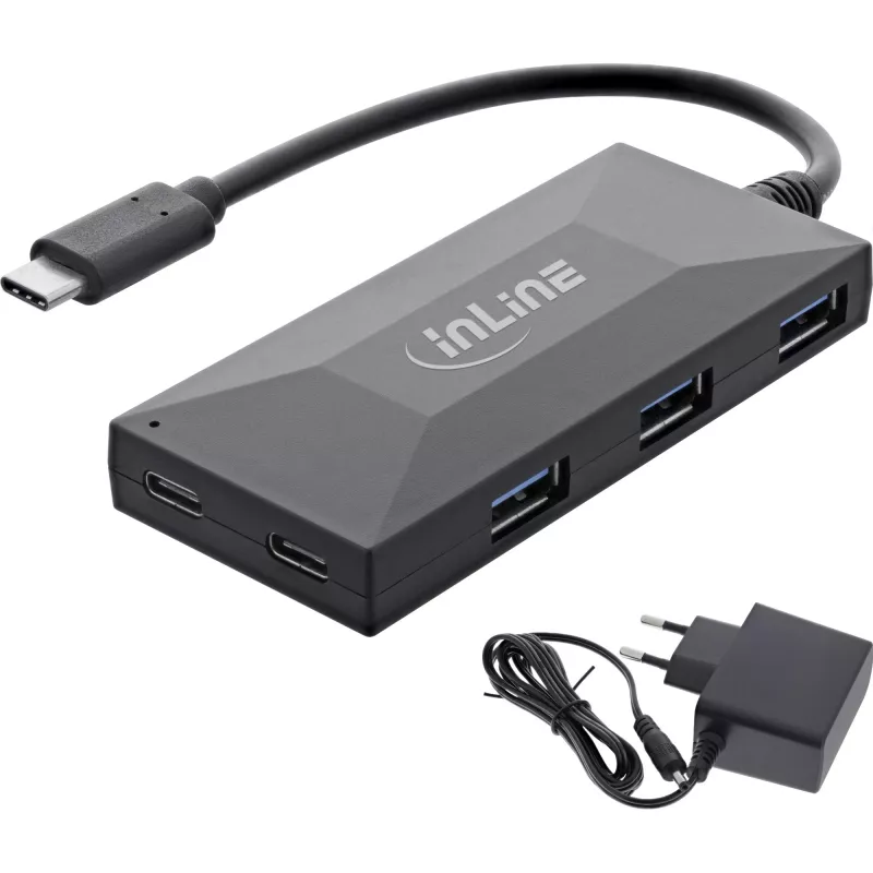 Hub InLine USB 3.2 Gen.1, USB-C para 2 portas USB-C e 3 portas USB-A, com fonte de alimentação