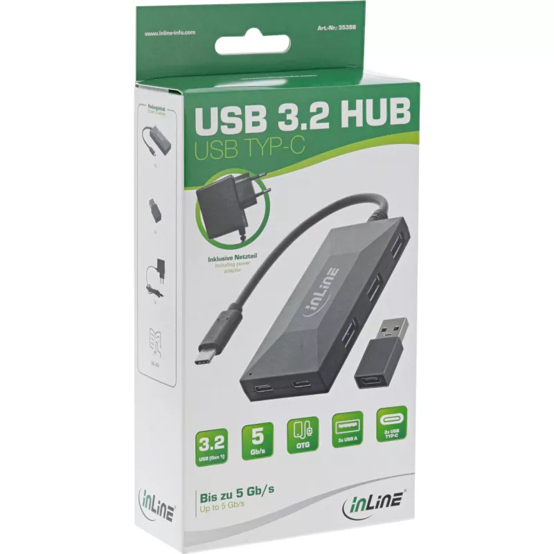 Hub InLine USB 3.2 Gen.1, USB-C para 2 portas USB-C e 3 portas USB-A, com fonte de alimentação