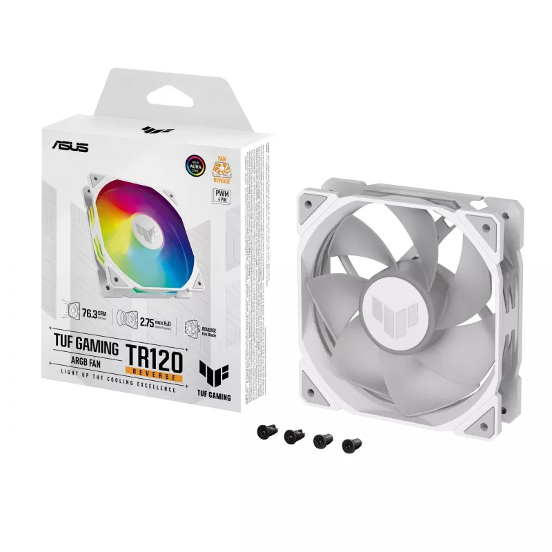 Ventoinha ASUS TUF GAMING TR120 ARGB REVERSE 120 mm 2000 RPM branca, rolamento hidráulico, 76.3 CFM