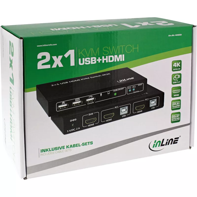 Comutador KVM InLine 2x1 HDMI, 2x1, HDMI 4K2K, hub USB 2.0, com áudio